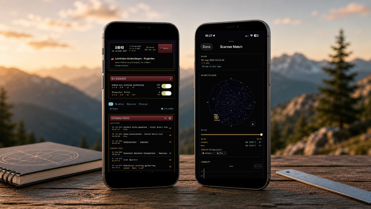 Two iPhones running Apphemeride show upcoming celestial events and the observing direction for a result on the sky map.