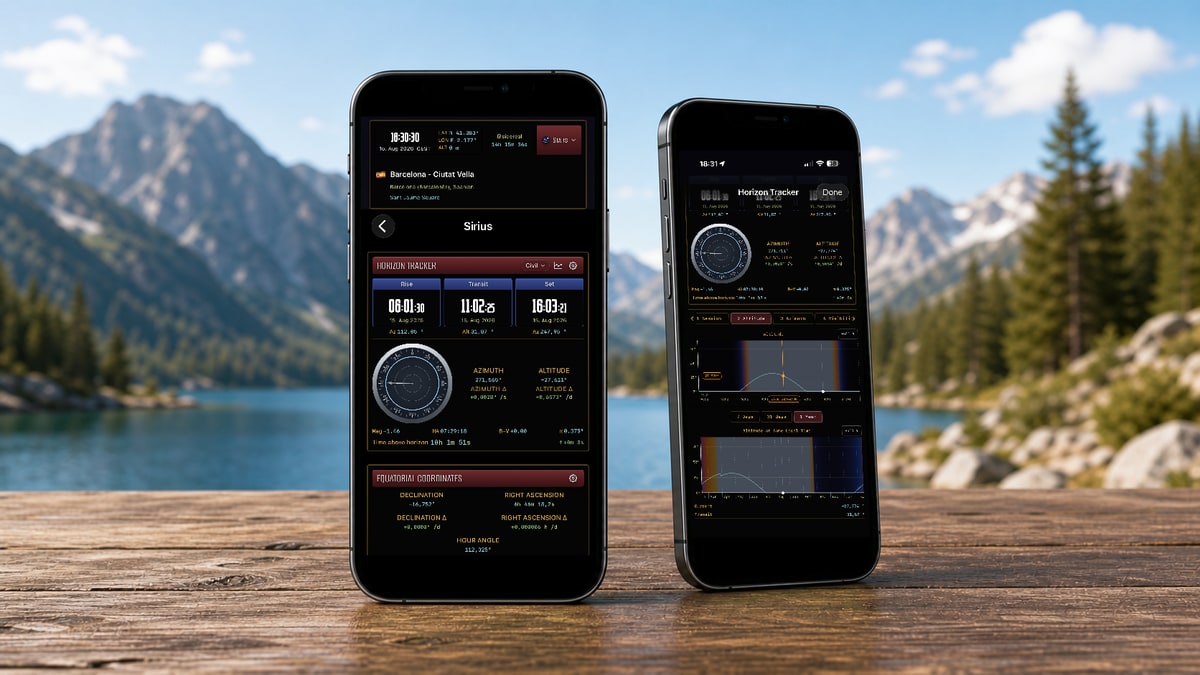 Apphemeride shows Sirius's rise, meridian transit, and set times, together with daily and yearly views of its altitude.