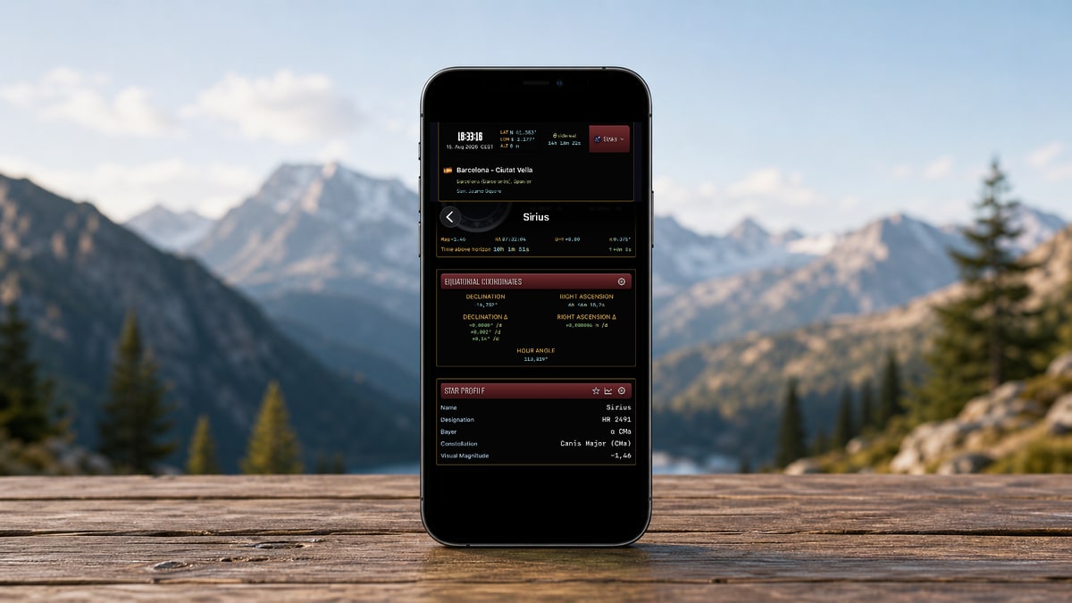 Apphemeride shows equatorial coordinates for Sirius and rates of change in degrees, arcminutes, and arcseconds.