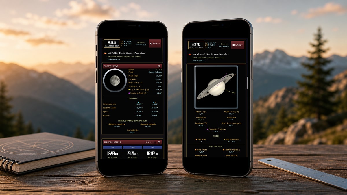 Two views in Apphemeride show the Moon's phase and libration and the calculated geometry of Saturn's rings.