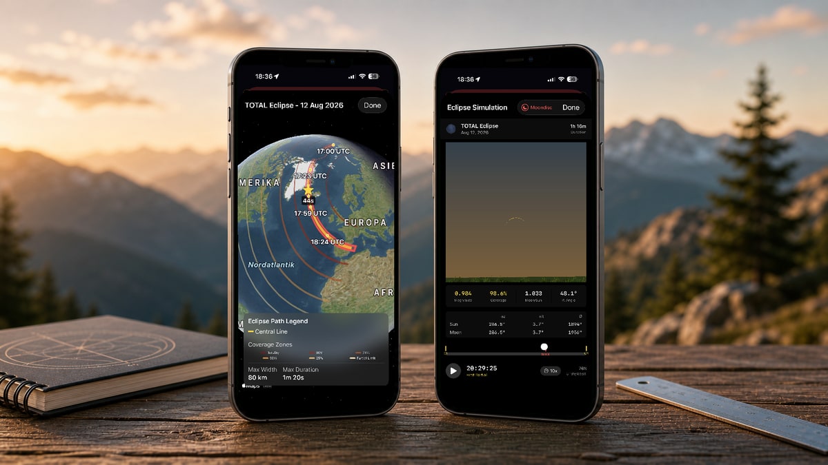 Apphemeride shows the global path of a solar eclipse and its local visual simulation.