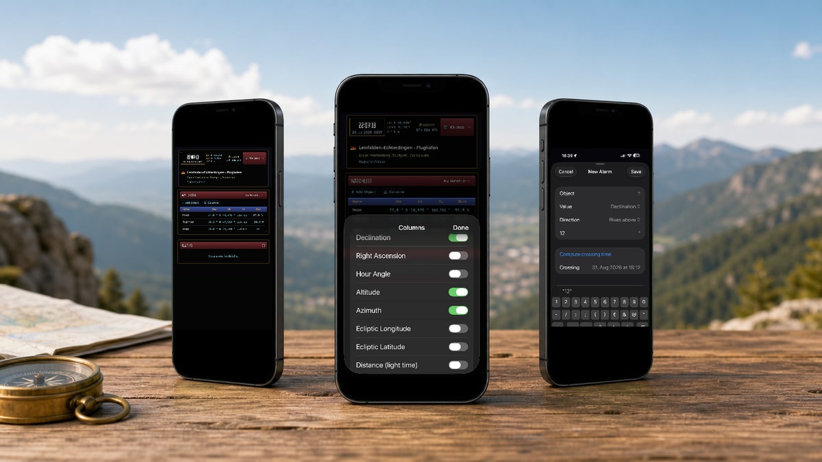 Three iPhones running Apphemeride show a watchlist, the selection of astronomical value columns, and the setup of a threshold alert.