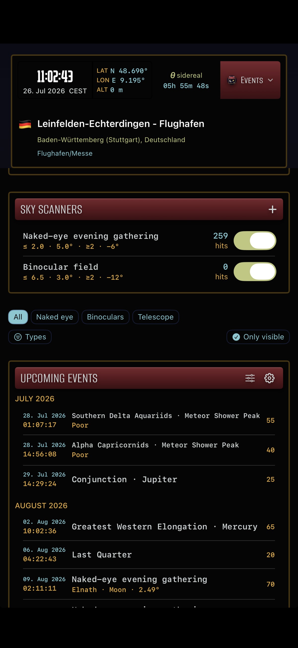 Three iPhones running Apphemeride show the object selection, a location-based event scanner, and the sky map for a selected event.