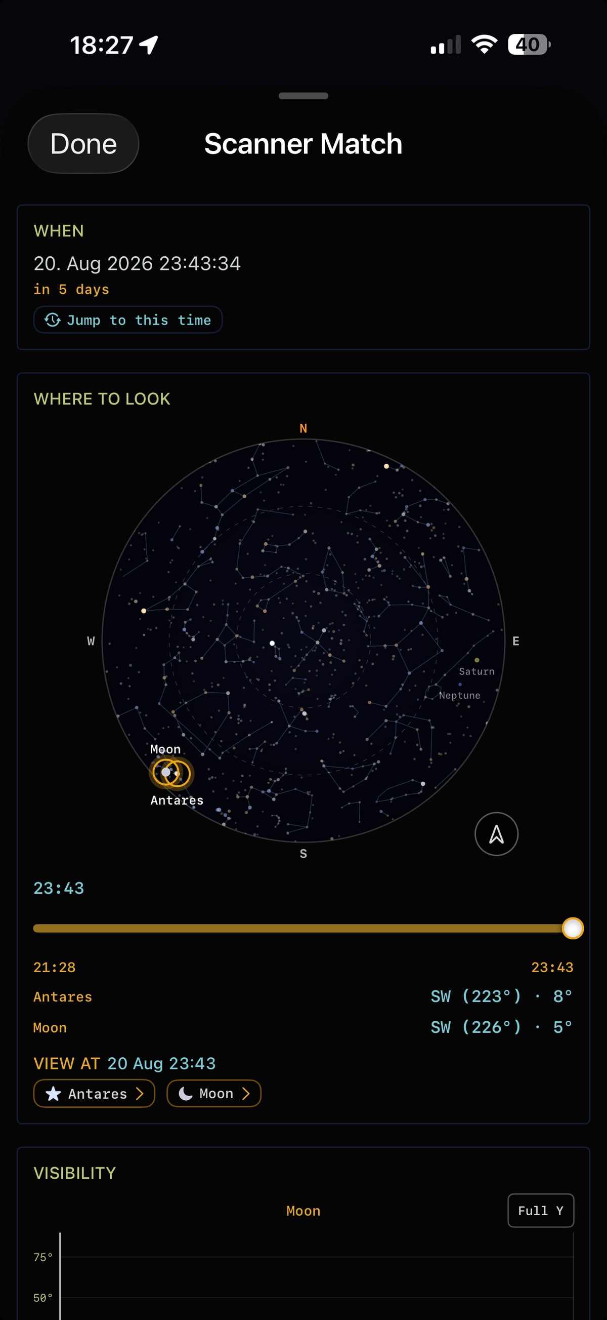 Two iPhones running Apphemeride show upcoming celestial events and the observing direction for a result on the sky map.