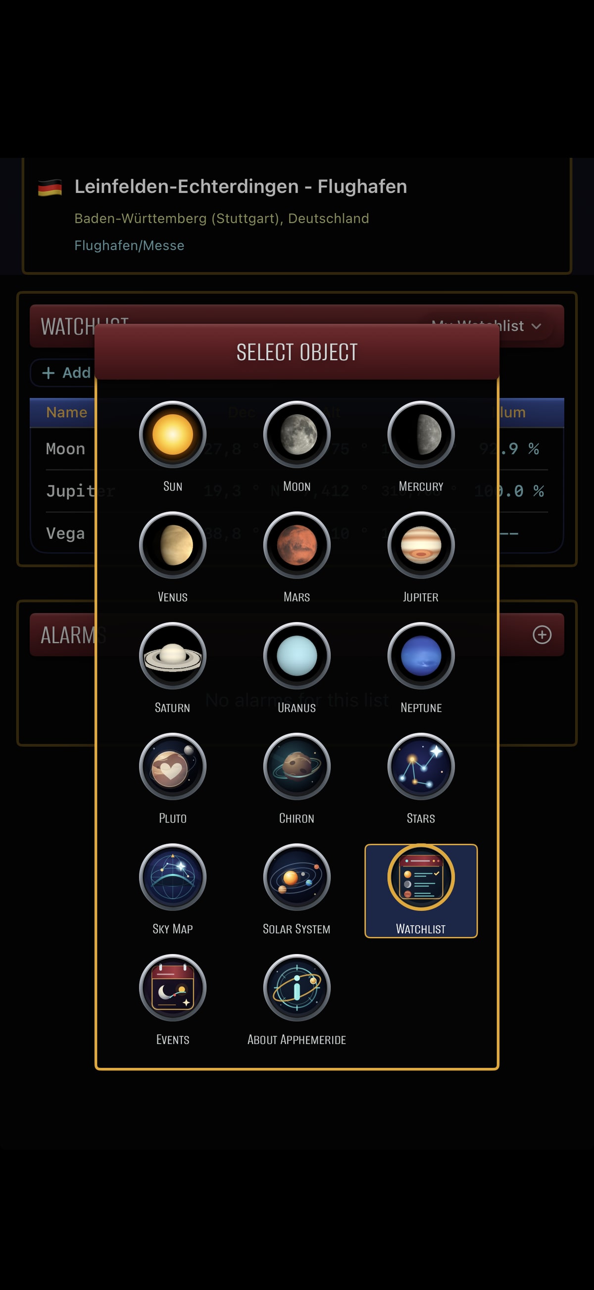 Two iPhones running Apphemeride show upcoming celestial events and the observing direction for a result on the sky map.