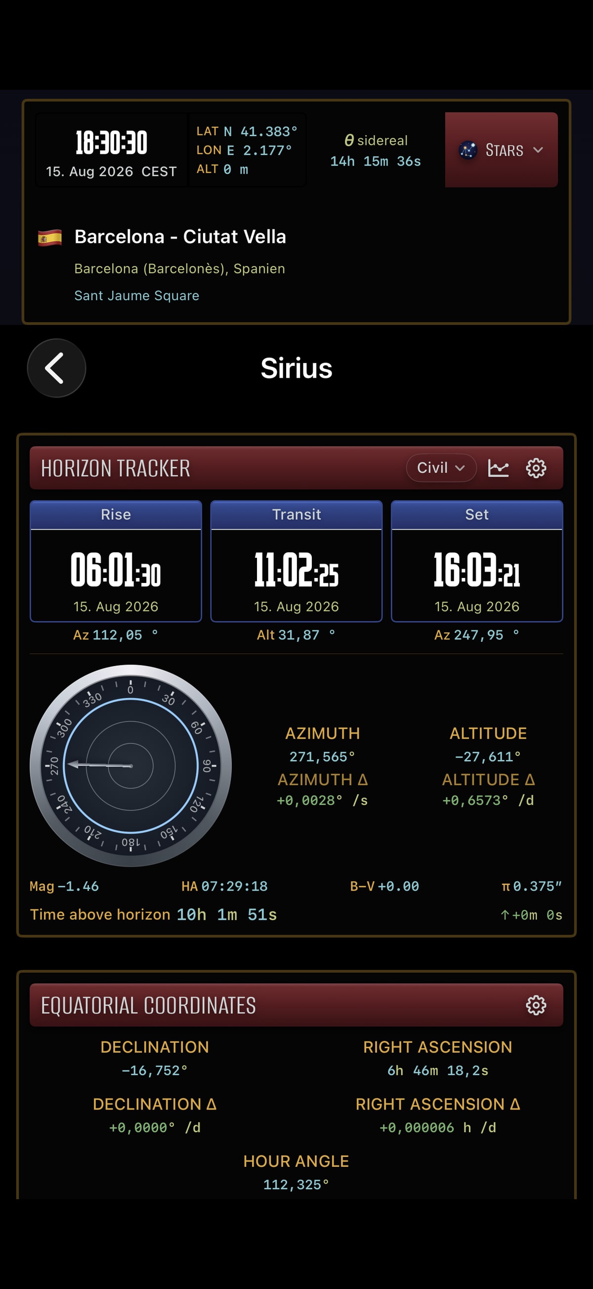 Apphemeride shows Sirius's rise, meridian transit, and set times, together with daily and yearly views of its altitude.