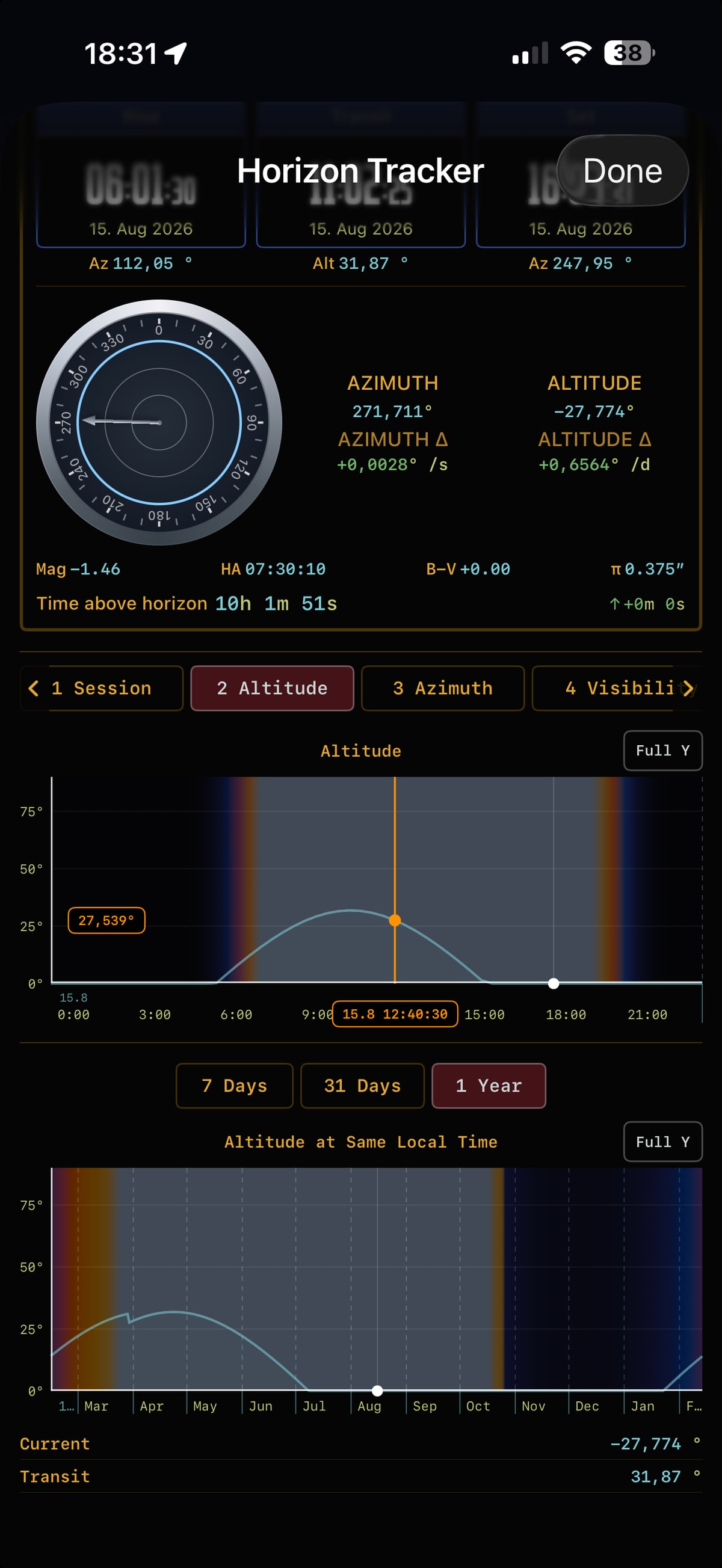 Apphemeride shows Sirius's rise, meridian transit, and set times, together with daily and yearly views of its altitude.
