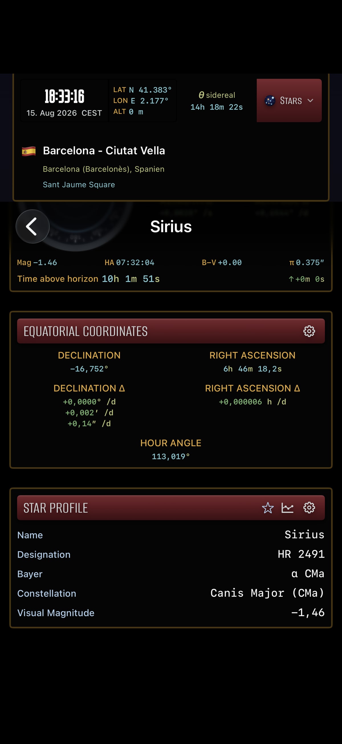 Apphemeride shows equatorial coordinates for Sirius and rates of change in degrees, arcminutes, and arcseconds.