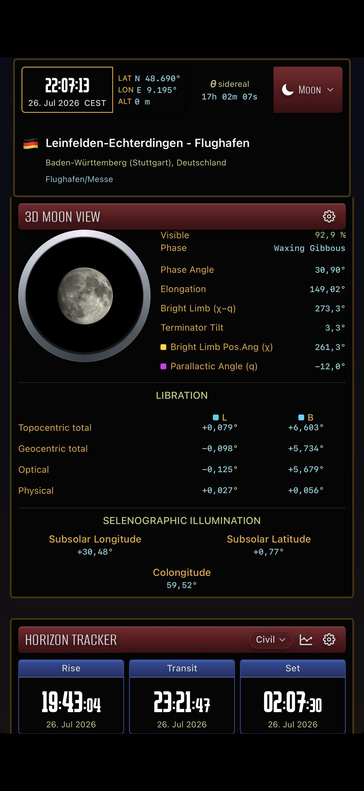 Two views in Apphemeride show the Moon's phase and libration and the calculated geometry of Saturn's rings.