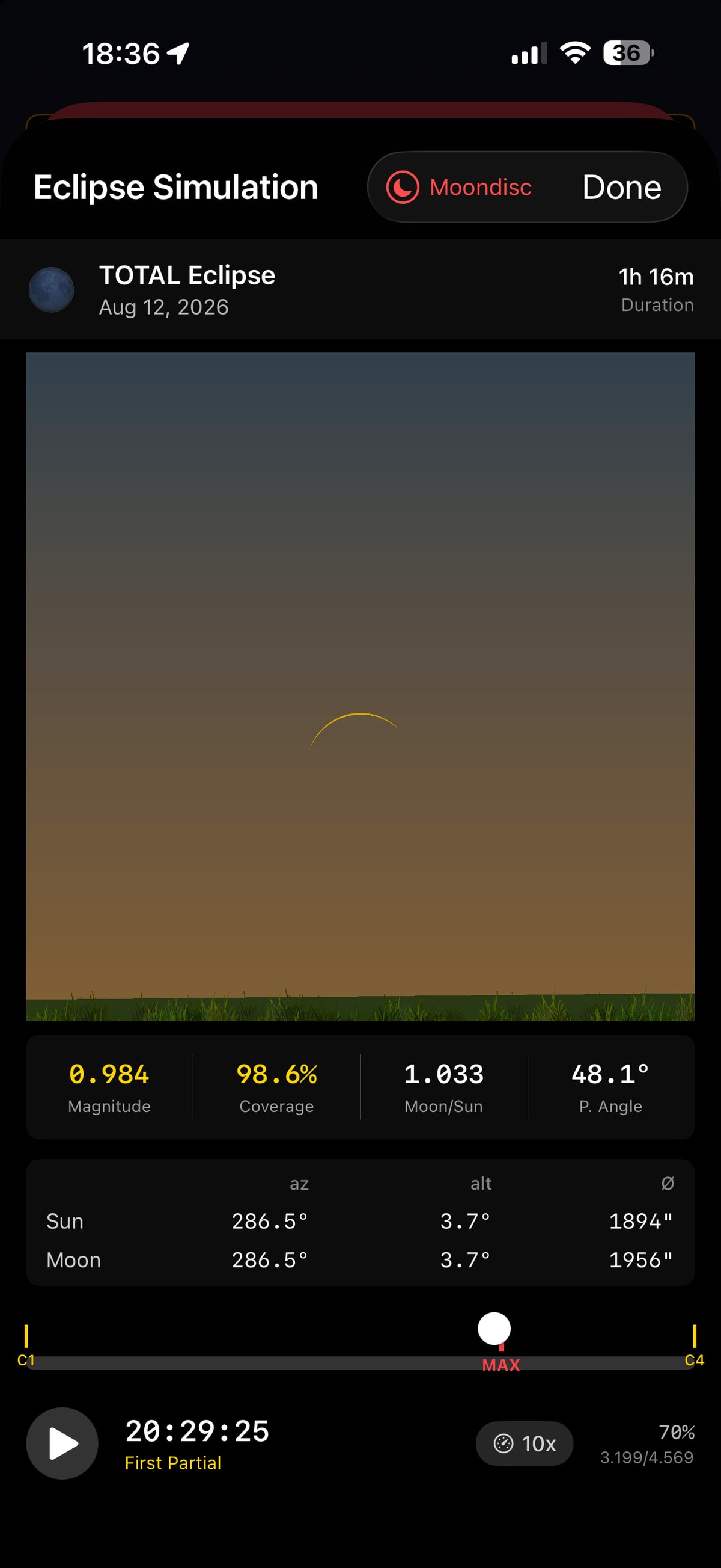 Apphemeride shows the global path of a solar eclipse and its local visual simulation.