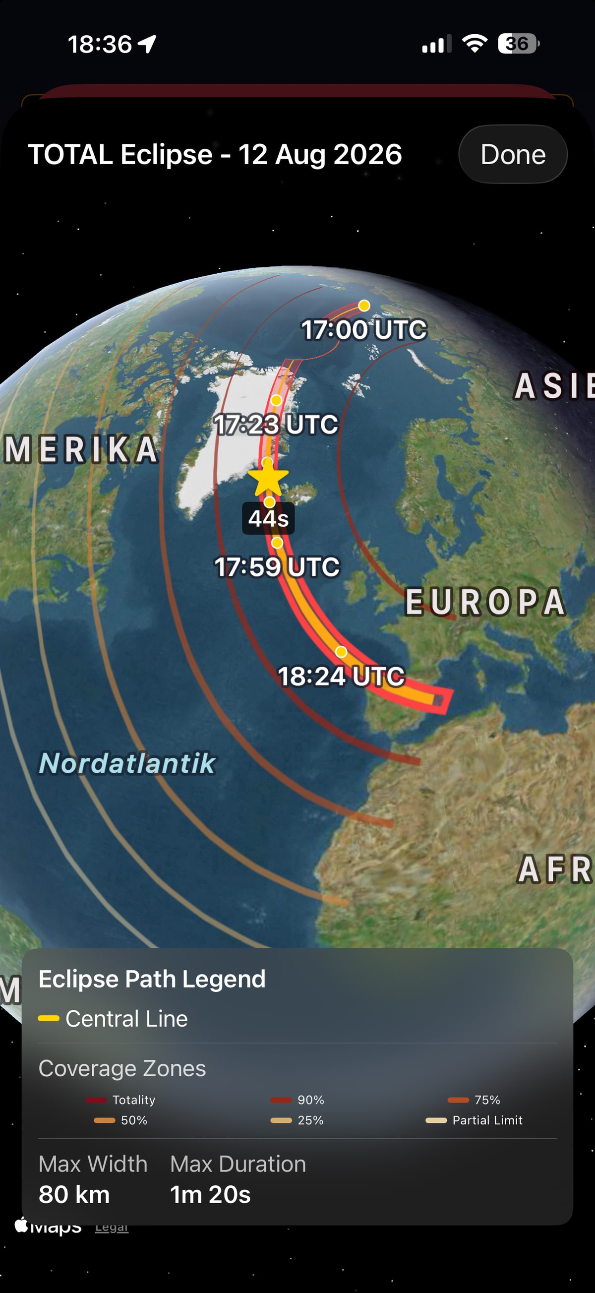 Apphemeride shows the global path of a solar eclipse and its local visual simulation.