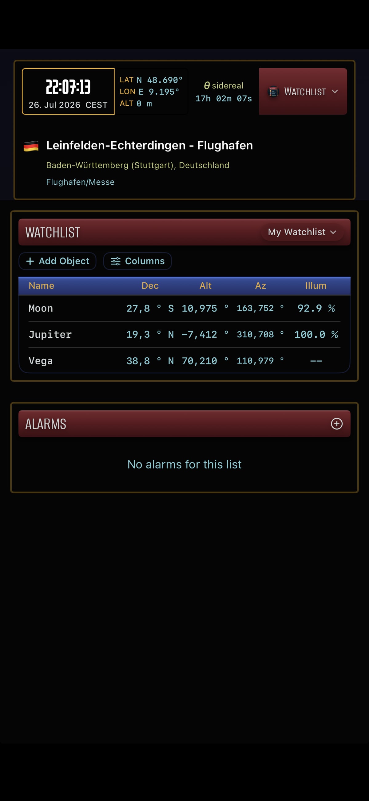 Three iPhones running Apphemeride show a watchlist, the selection of astronomical value columns, and the setup of a threshold alert.