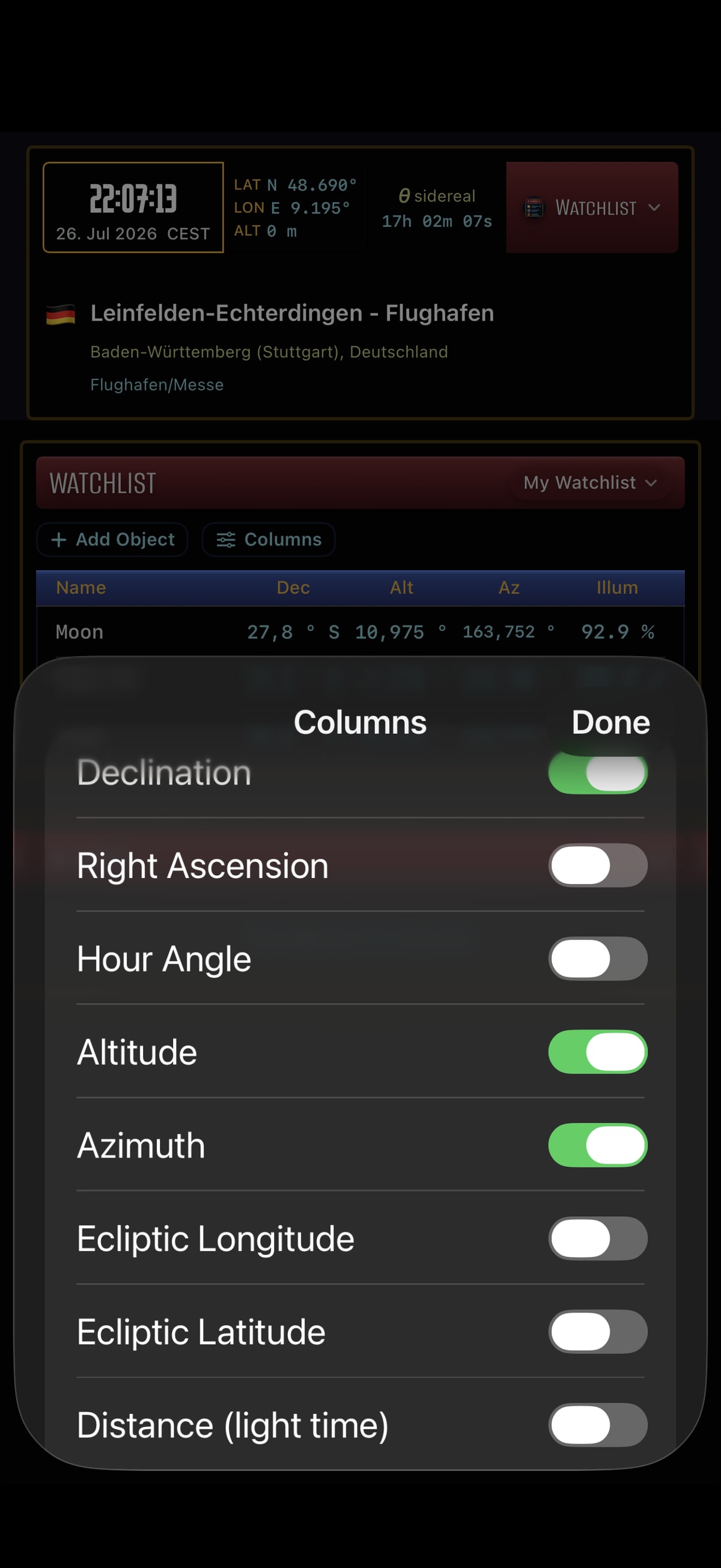 Three iPhones running Apphemeride show a watchlist, the selection of astronomical value columns, and the setup of a threshold alert.