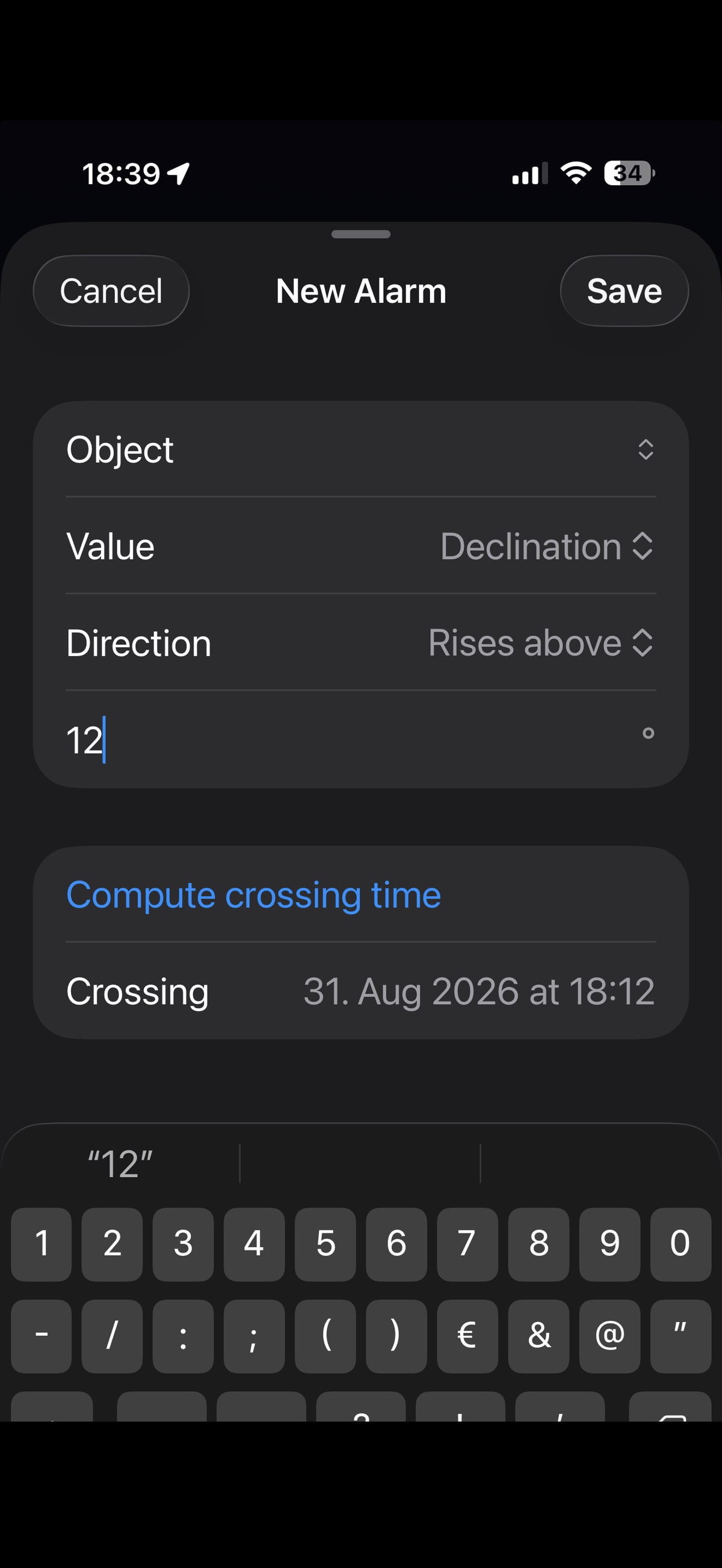 Three iPhones running Apphemeride show a watchlist, the selection of astronomical value columns, and the setup of a threshold alert.