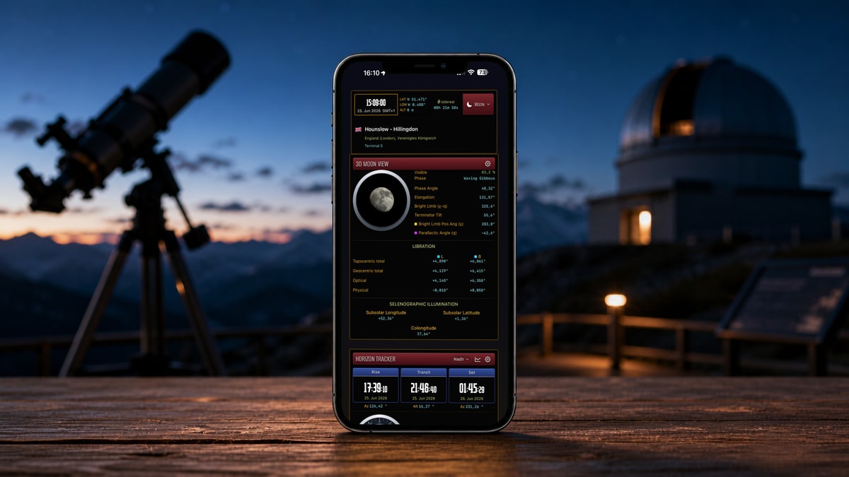 iPhone showing Apphemeride's 3D Moon view next to a telescope at an observatory at dusk.