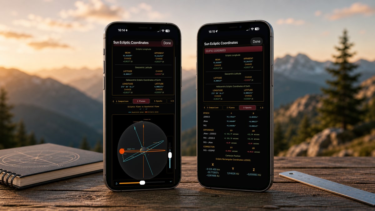 Two iPhones showing Apphemeride against a mountain panorama: ecliptic coordinates with a graphical plot and a detailed table of astronomical orbital elements.