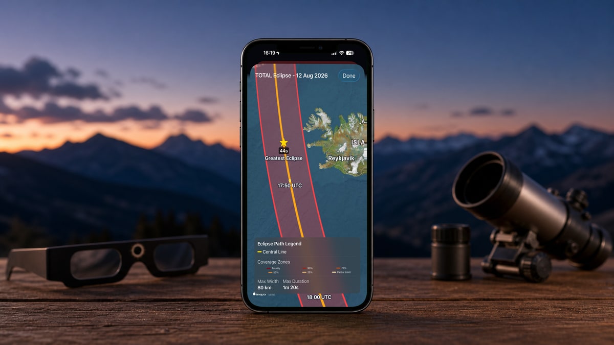 The same iPhone on the wooden table at sunset, now showing Apphemeride's interactive eclipse map: the path of the total solar eclipse over Iceland with the central line and visibility zones.