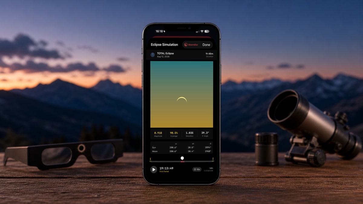 iPhone showing Apphemeride's eclipse simulator: the solar crescent just before totality, beside eclipse glasses on a wooden table at sunset.
