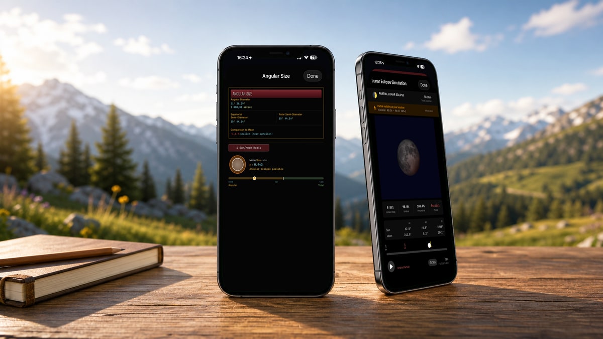 Two iPhones showing Apphemeride against an Alpine meadow: a size comparison of the Sun and Moon, and a lunar eclipse simulation with a progress indicator.