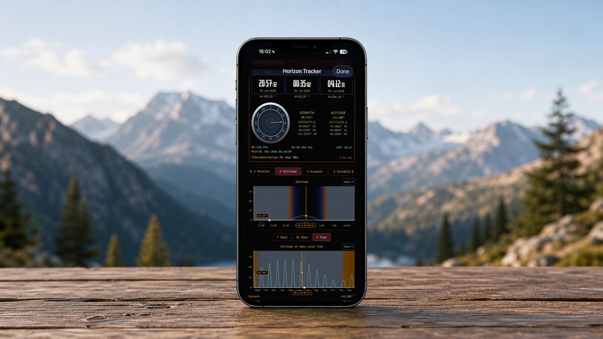 iPhone showing Apphemeride's Horizon Tracker on a wooden table against a blurred mountain backdrop: rise, transit, and set times, compass, azimuth, and altitude.