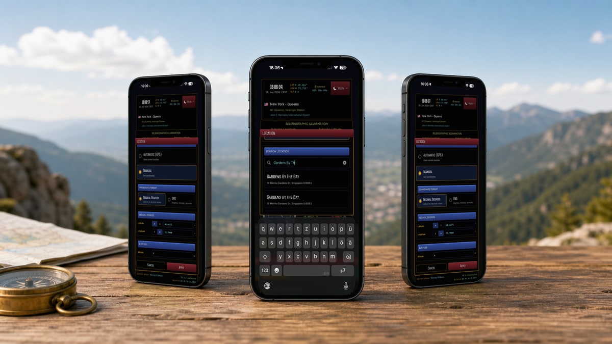Three iPhones showing Apphemeride on a wooden table with a compass and map: address search, GPS and manual location entry, and time and time-zone selection.