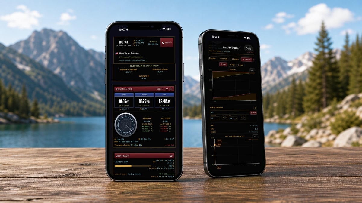 Two iPhones showing Apphemeride against a mountain-lake backdrop: rates of change for azimuth and altitude, plus charts for daily and annual progressions.