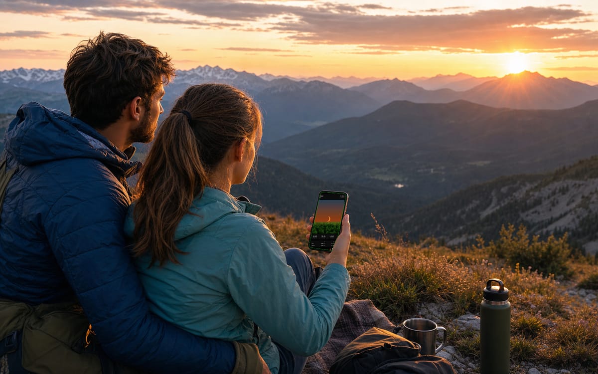 Et par i bjergene tjekker en formørkelsessimulation i Apphemeride på en iPhone ved solnedgang.
