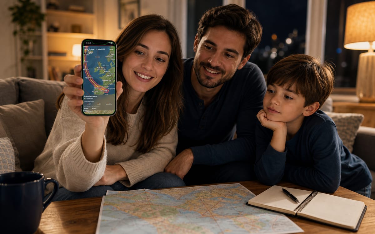 En familie planlægger en rejse til en solformørkelse, mens de ser på kortet over formørkelsens bane i Apphemeride på en iPhone.