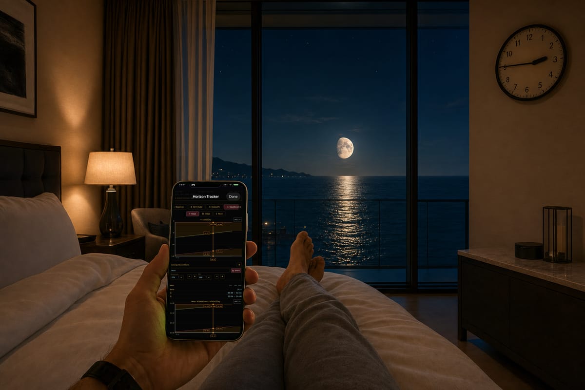En person ligger om natten i et moderne hotelværelse, holder en iPhone med Apphemeride i hånden og ser gennem vinduet Månen over havet.