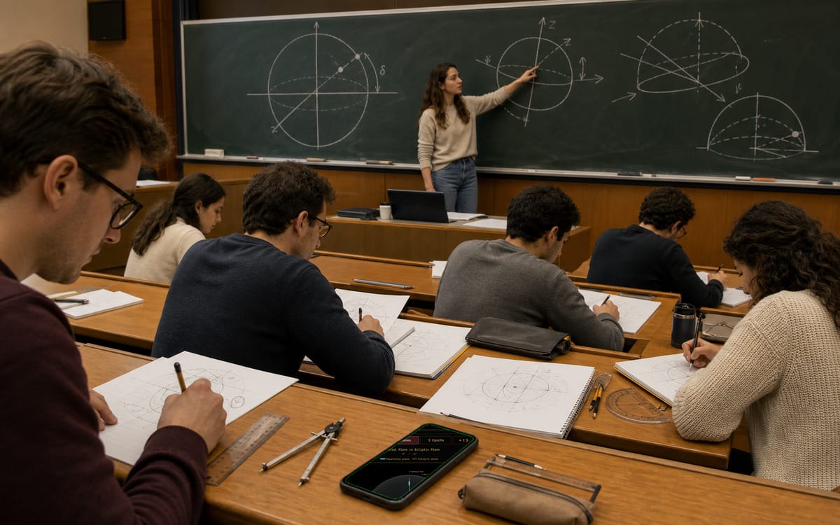 Universitetsstuderende løser opgaver i astronomiske koordinater, mens en kvindelig professor forklarer himlens koordinatplaner ved tavlen, og Apphemeride ses på en iPhone.