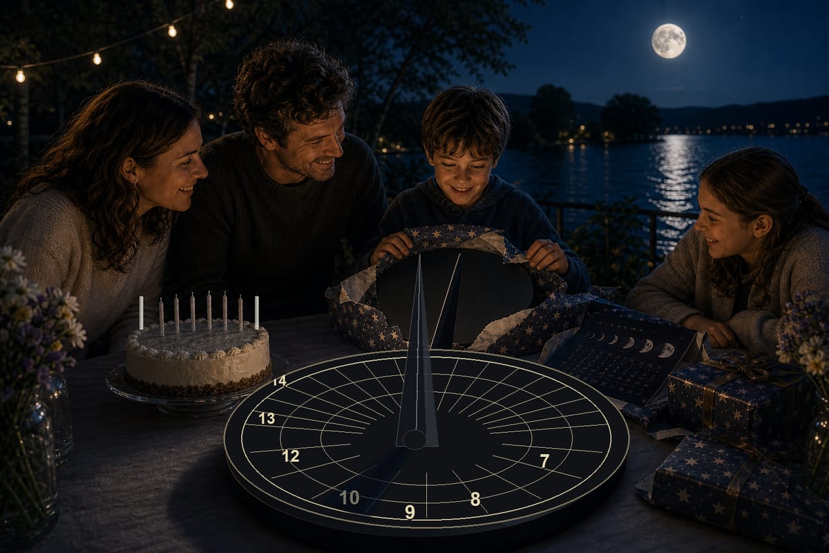 En familie fejrer om aftenen ved søen fødselsdagen for en dreng, der pakker en månekalender ud, mens der på bordet står en kage med otte lys og et moderne måneur oplyst af Månen.