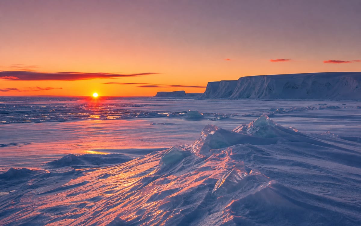 En lavtstående, rødgylden sol gløder over et blåhvidt antarktisk islandskab.