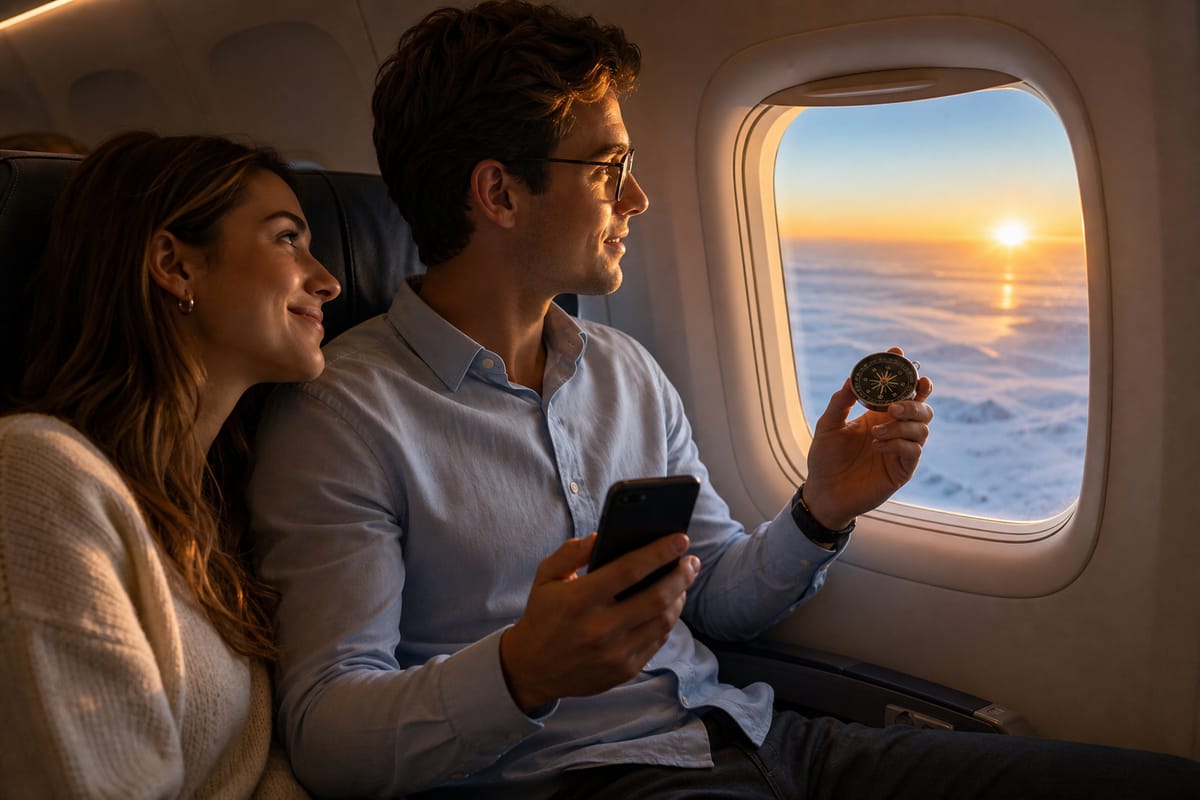 En ung mand sidder med sin kæreste i flyet, holder en iPhone og et kompas og betragter med begejstring den lavtstående Sol over polarområdet.